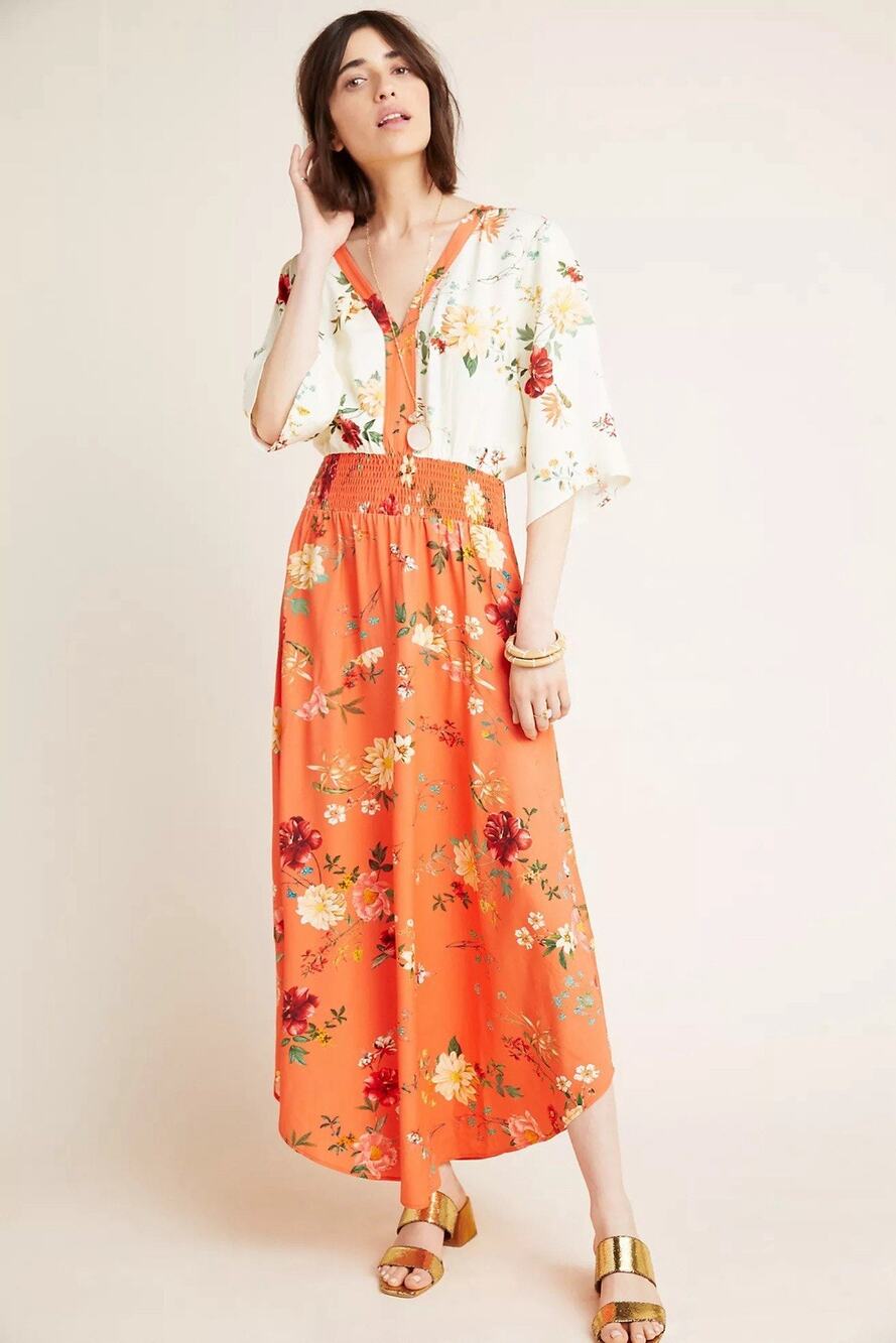 Farm Rio For Anthropologie Kiera Maxi Dress S Petite Orange Floral Smocked Waist